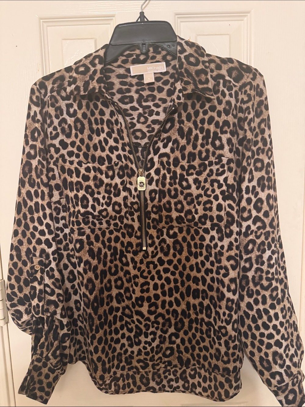 MICHAEL Michael Kors Brown and Black Leopard Print Zip-Front Shirt